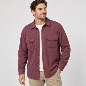 ROWM Button Down Shirt Womens L Burgundy Grey Striped Knit Long Sleeve Pockets